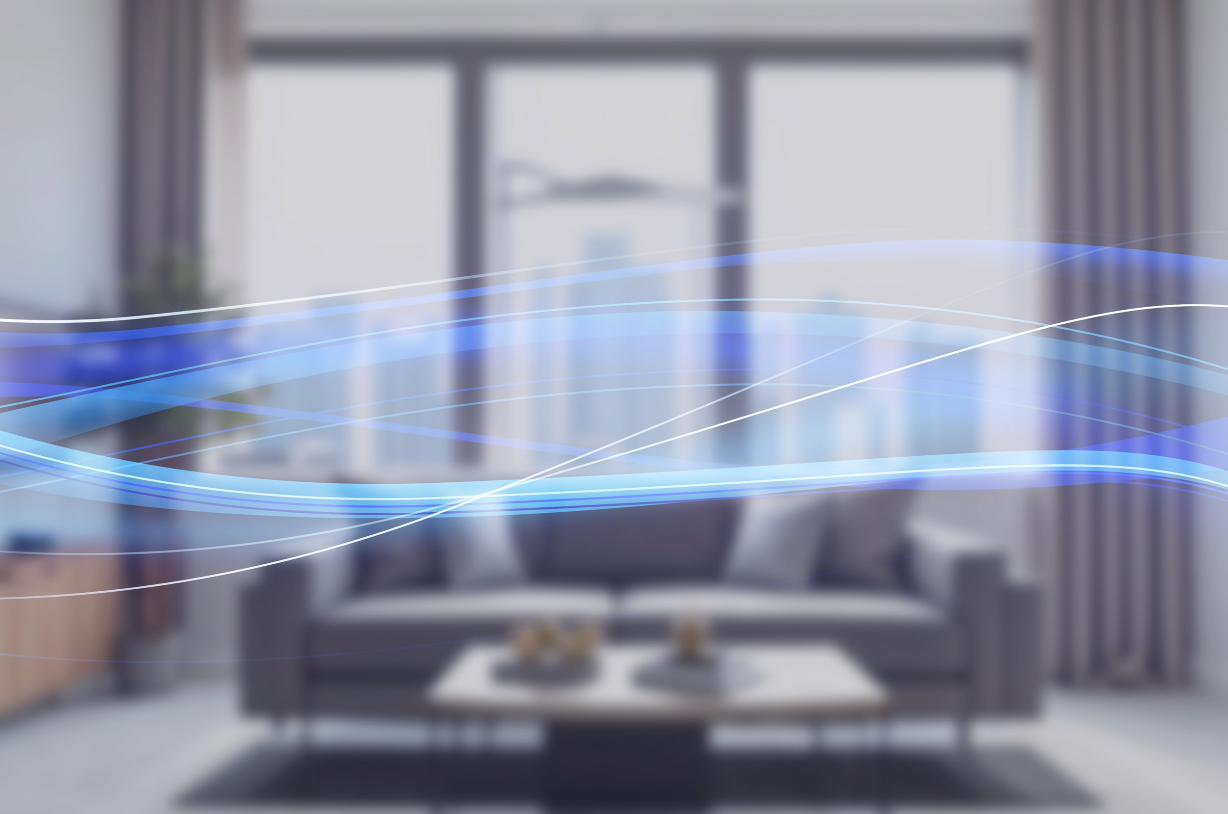 Modernes Wohnzimmer mit stilisiertem Luftstrom, symbolisch für Klimaanlagen