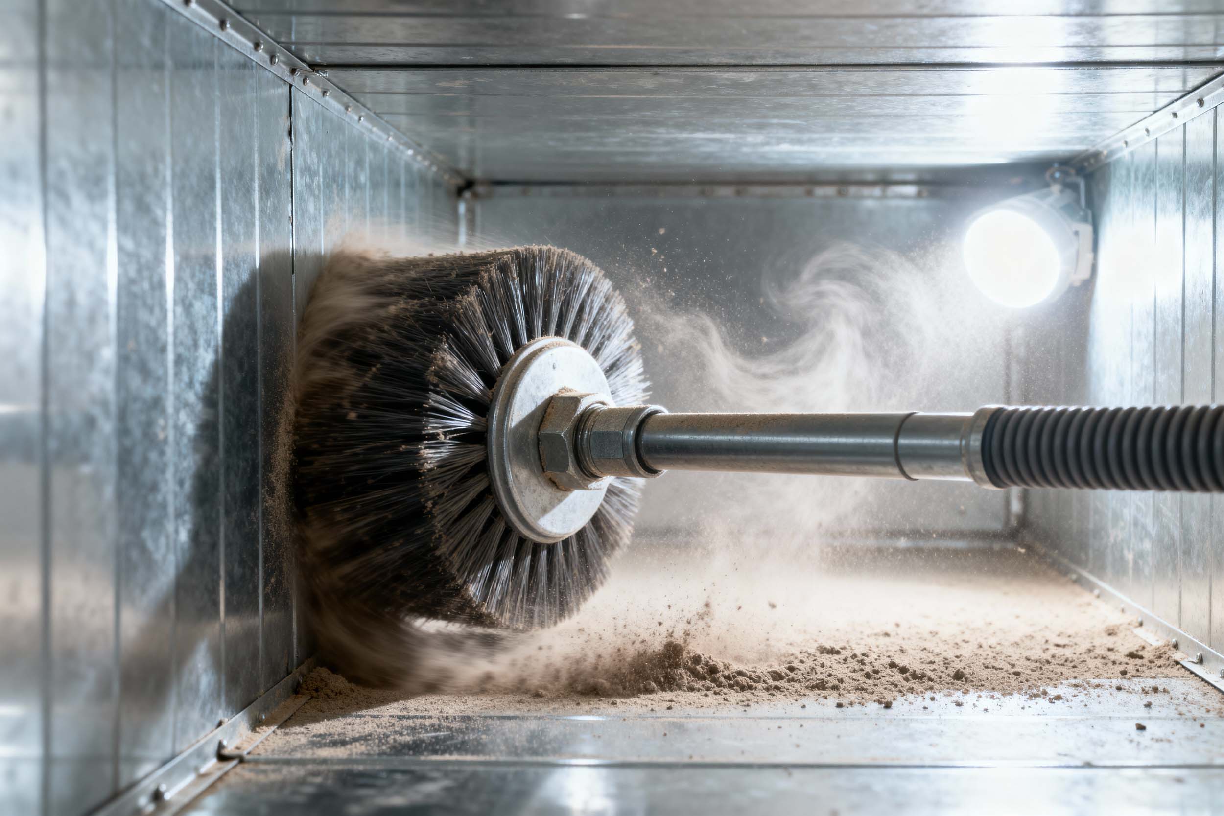 Rotierende Rundbürste reinigt das Innere eines Lüftungskanals aus Metall